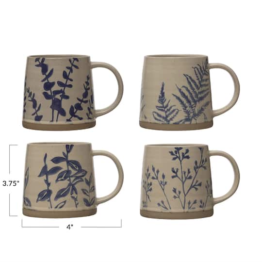 16oz. Antique Blue and White Hand Stamped Stoneware Mug Set with Wax Relief Botanical Design